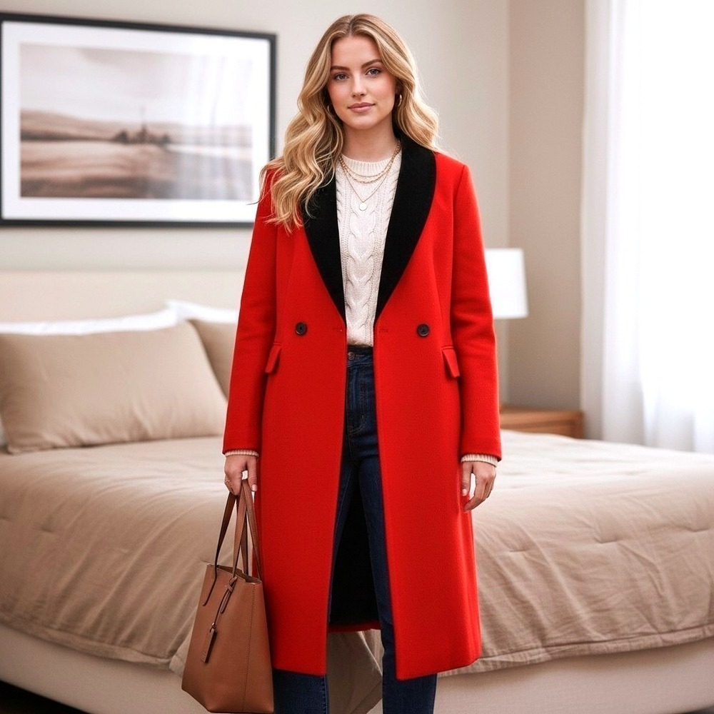 VTG International Scene Red Wool Coat 11 12 Women Black Velvet Collar Trench 90s